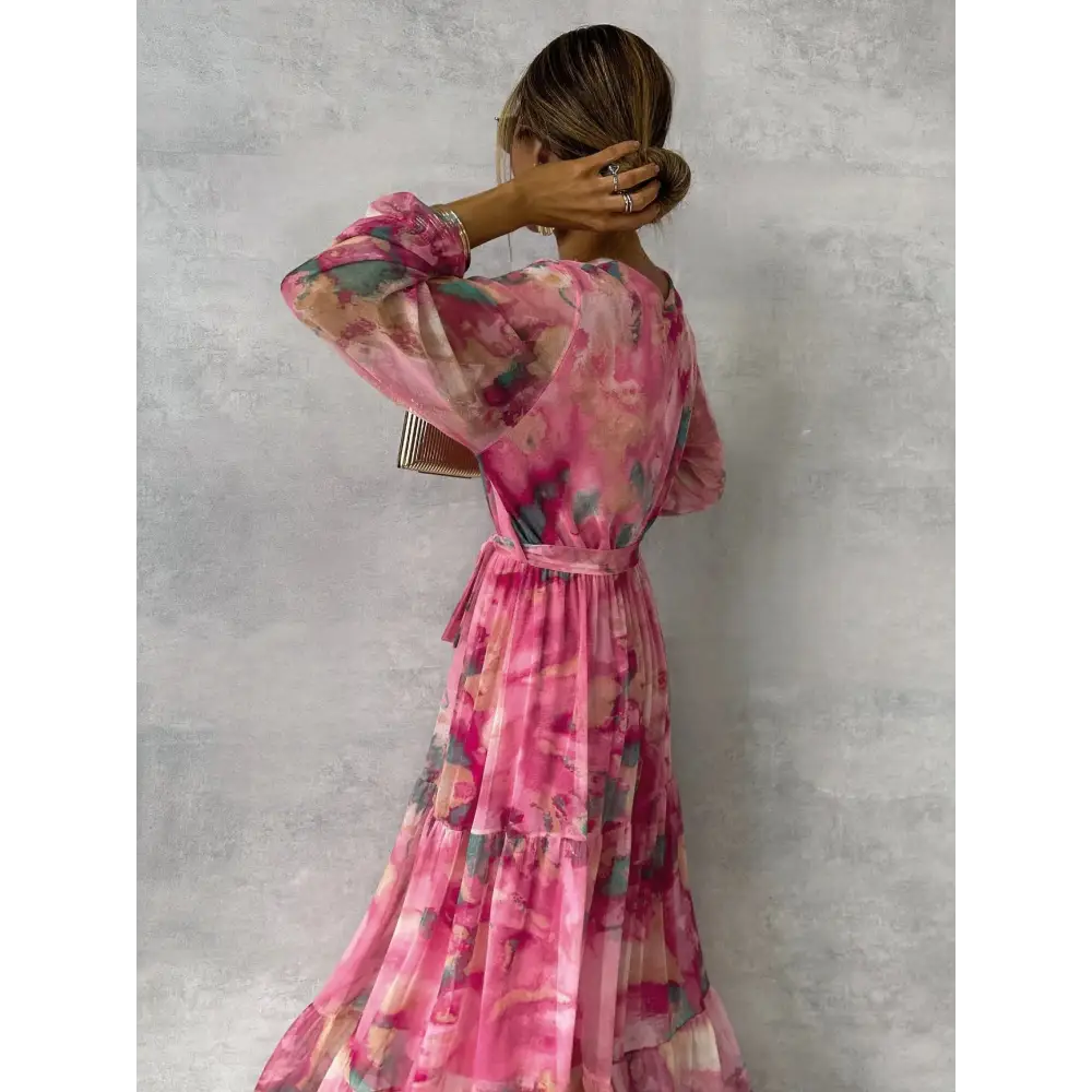 Rose Red Chiffon Long Dress with Ruffle Sleeves