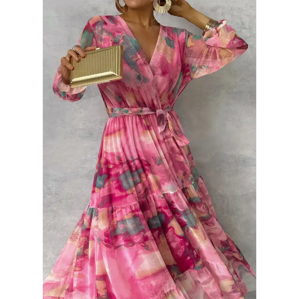 Rose Red Chiffon Long Dress with Ruffle Sleeves