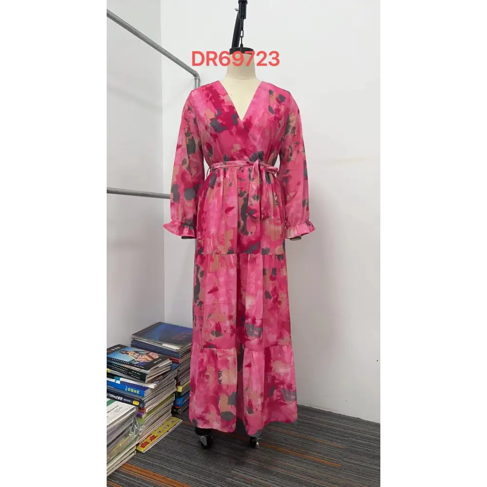 Rose Red Chiffon Long Dress with Ruffle Sleeves