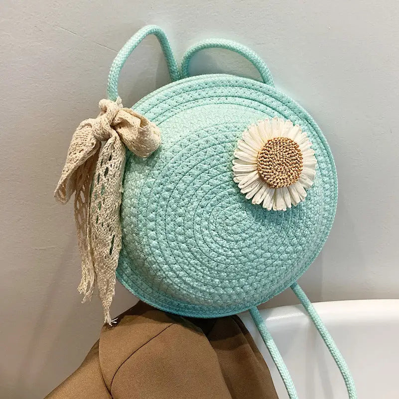 Round Straw Suitcase with Cotton Lining and Internal Mobile Phone Pocket