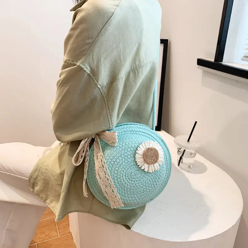 Round Straw Suitcase with Cotton Lining and Internal Mobile Phone Pocket - Cyan / 23x23
