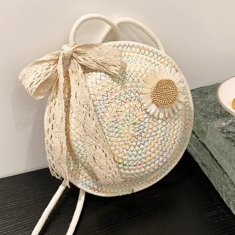 Round Straw Suitcase with Cotton Lining and Internal Mobile Phone Pocket