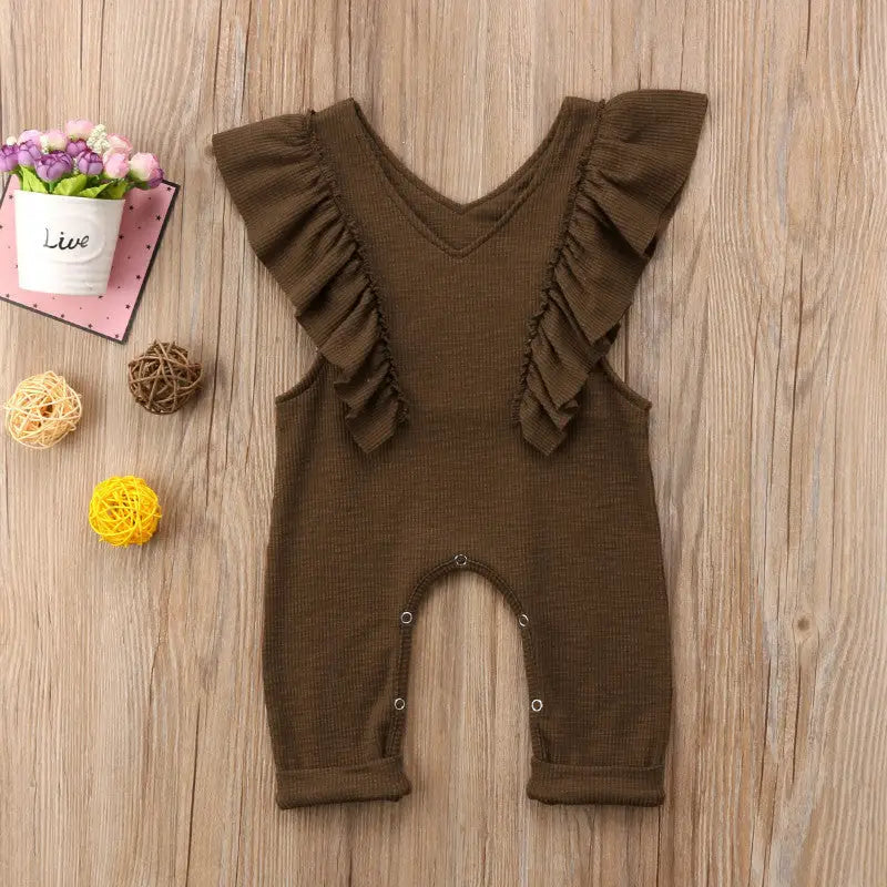 Ruffle Knit Romper: Baby Girl Jumpsuit Overalls - brown / 90cm