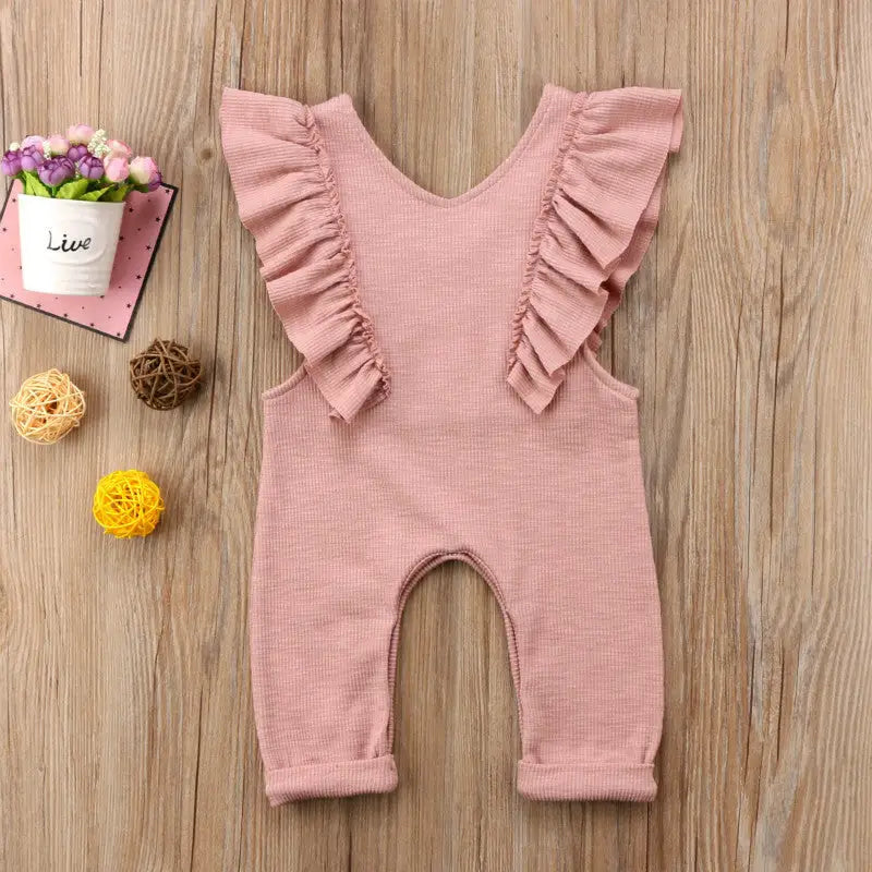 Ruffle Knit Romper: Baby Girl Jumpsuit Overalls - Pink / 73CM