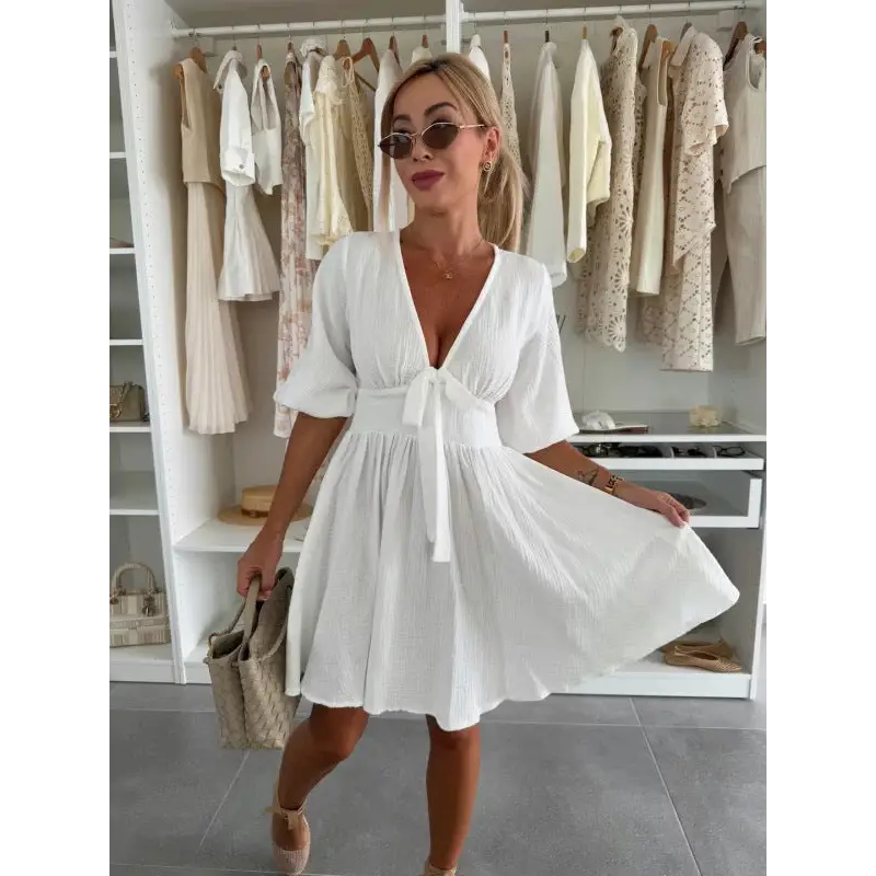 Sahara Chic: V-Neck Plaid Jumpsuit - White / S