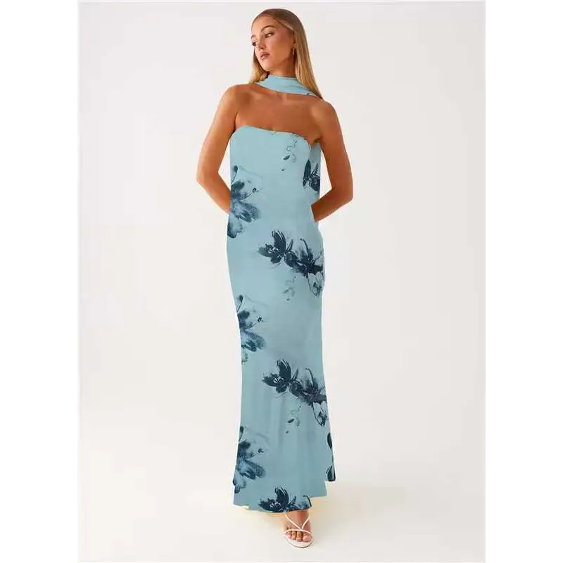 Seaside Splash: Multicolor Fishtail Dress - Blue Flower / S