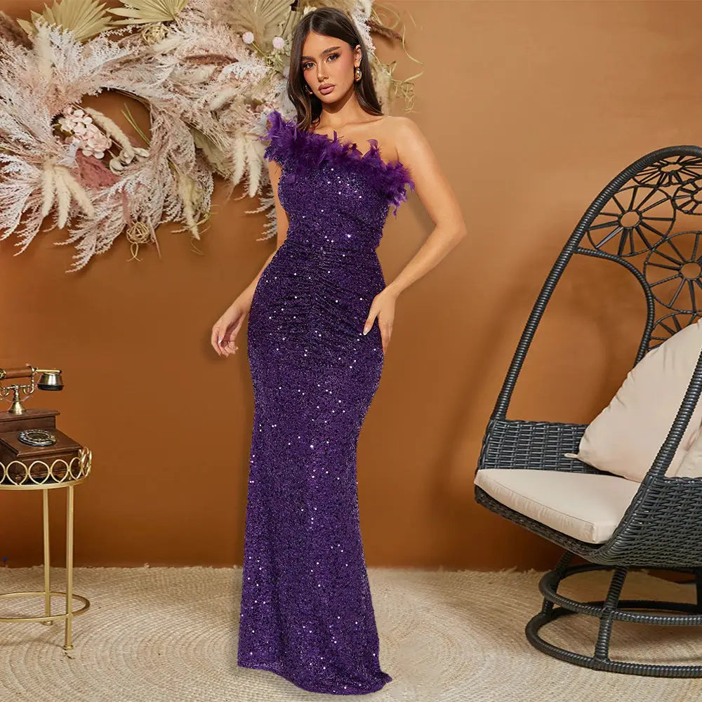 Sequin Shoulder Strap Long Hip Skirt in Black Purple or Red - Purple / S