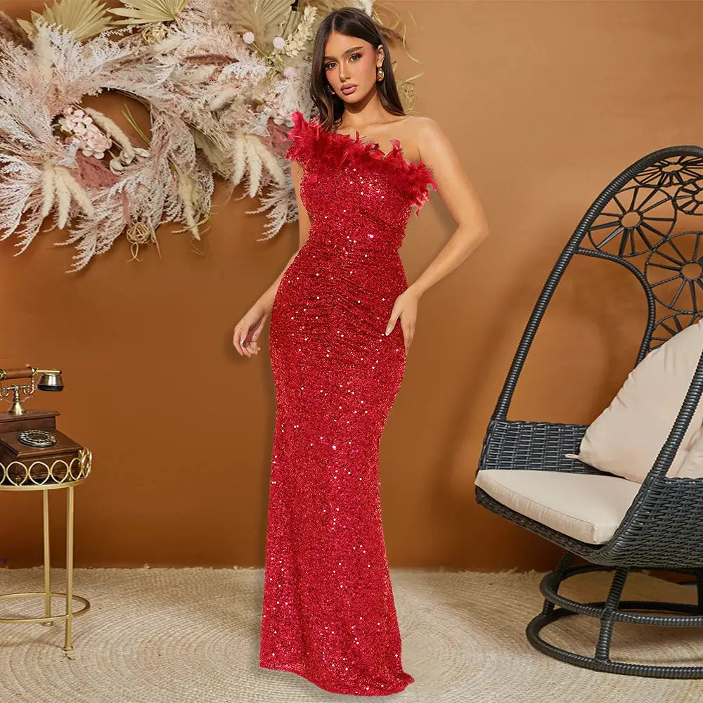 Sequin Shoulder Strap Long Hip Skirt in Black Purple or Red - Red / S