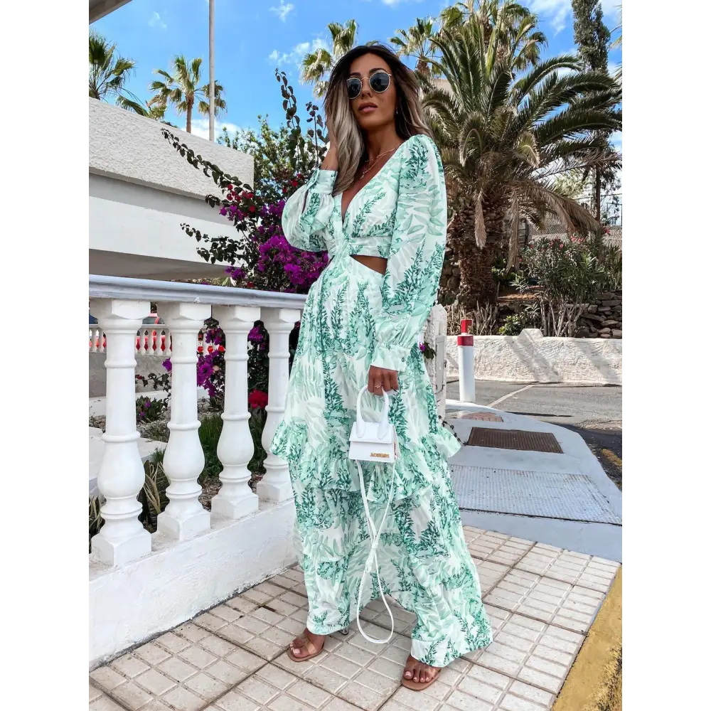 Serene Bloom V-Neck Long Sleeve Dress - Green / S