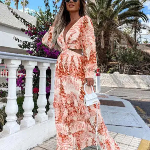 Serene Bloom V-Neck Long Sleeve Dress - Orange / 2XL