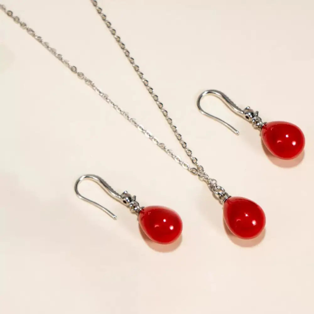 Serene Pearl Eardrop Earrings and Necklace Set - Red
