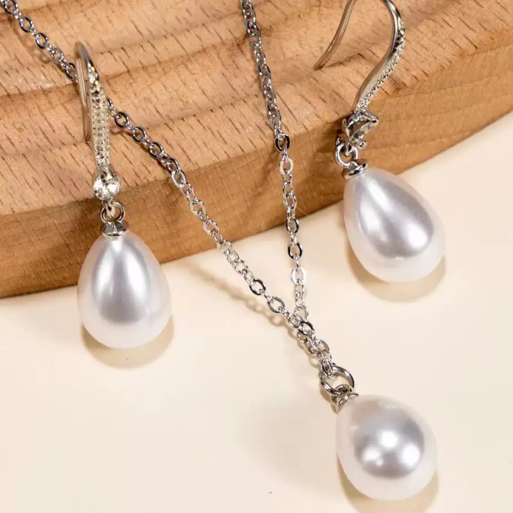 Serene Pearl Eardrop Earrings and Necklace Set - Silver