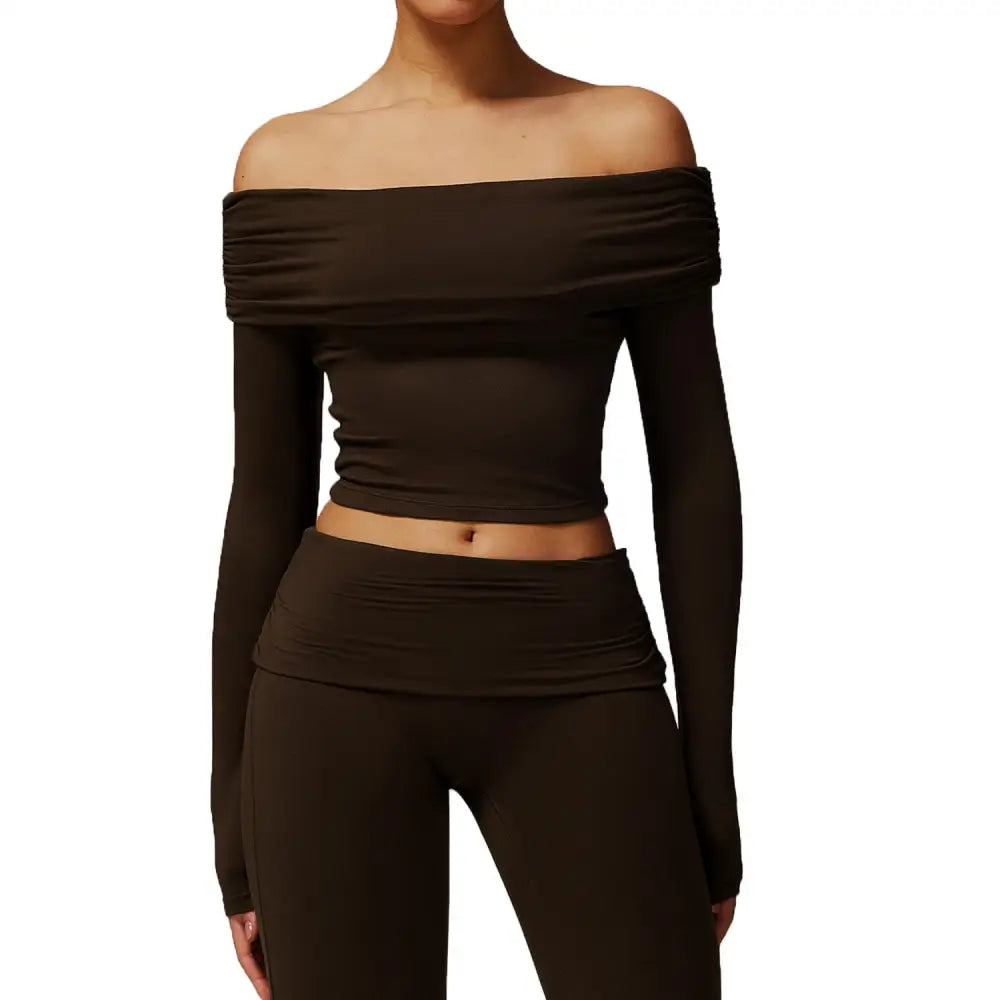 Dark brown off-the-shoulder crop top and leggings set.