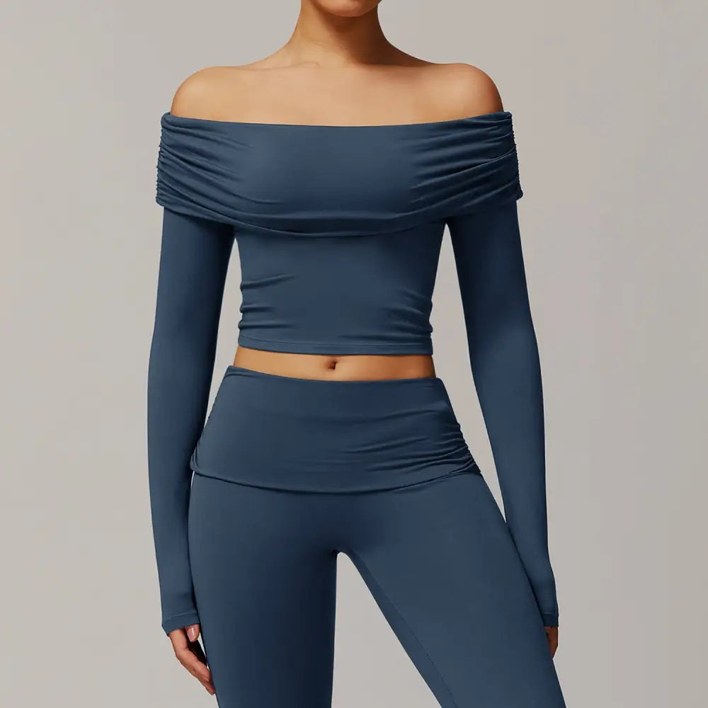 Blue off-the-shoulder long-sleeved crop top and leggings set.