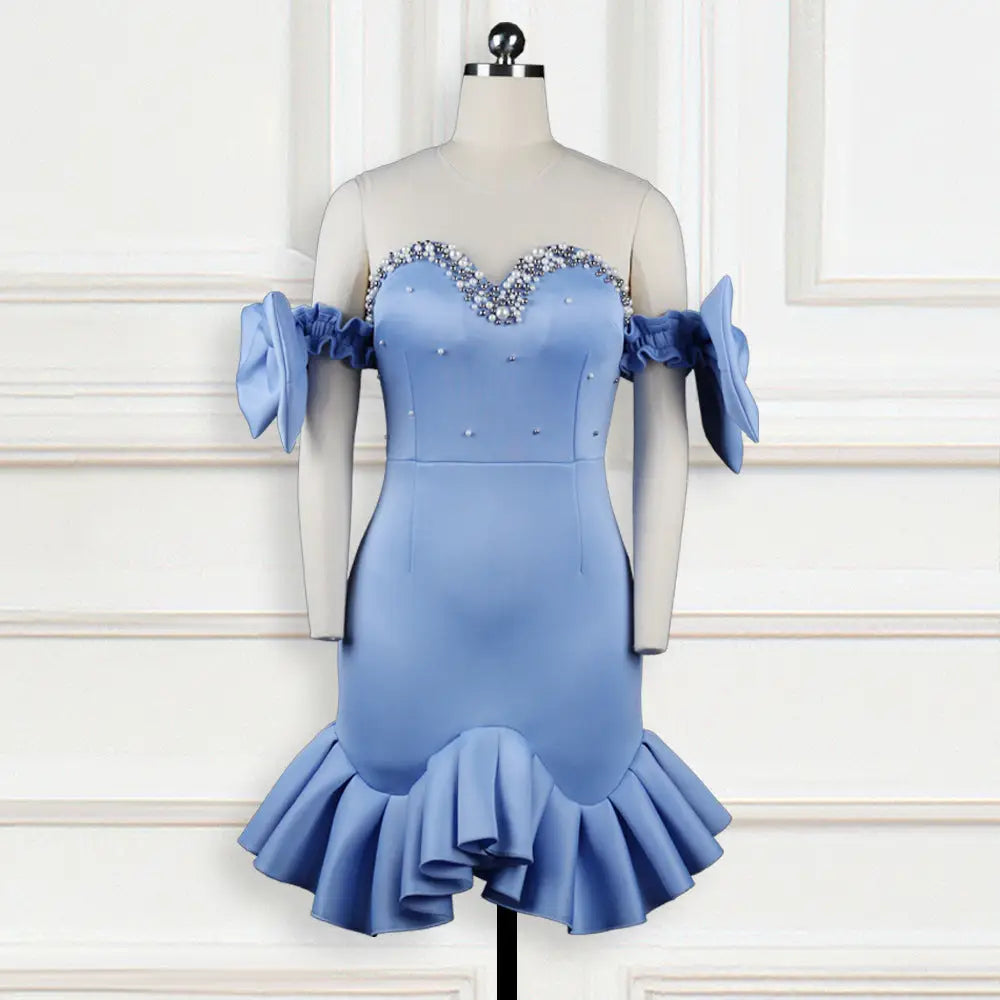 ShimmerMesh Beaded Ruffle Dress - Blue / 2XL