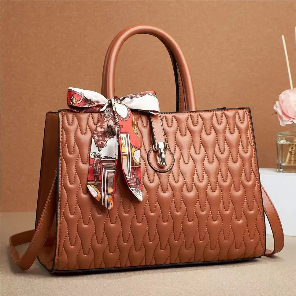 SilkDaze Soft Leather & Diamond Embossed Shoulder Bag - Yellowish Brown