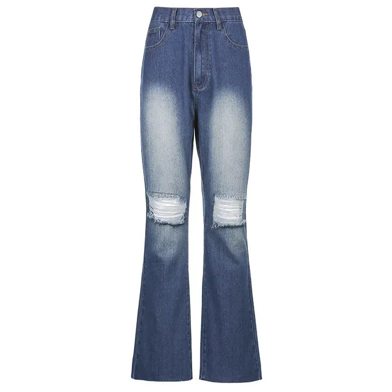 Skyline Flare: Urban Ripped Jeans - Dark Blue / S