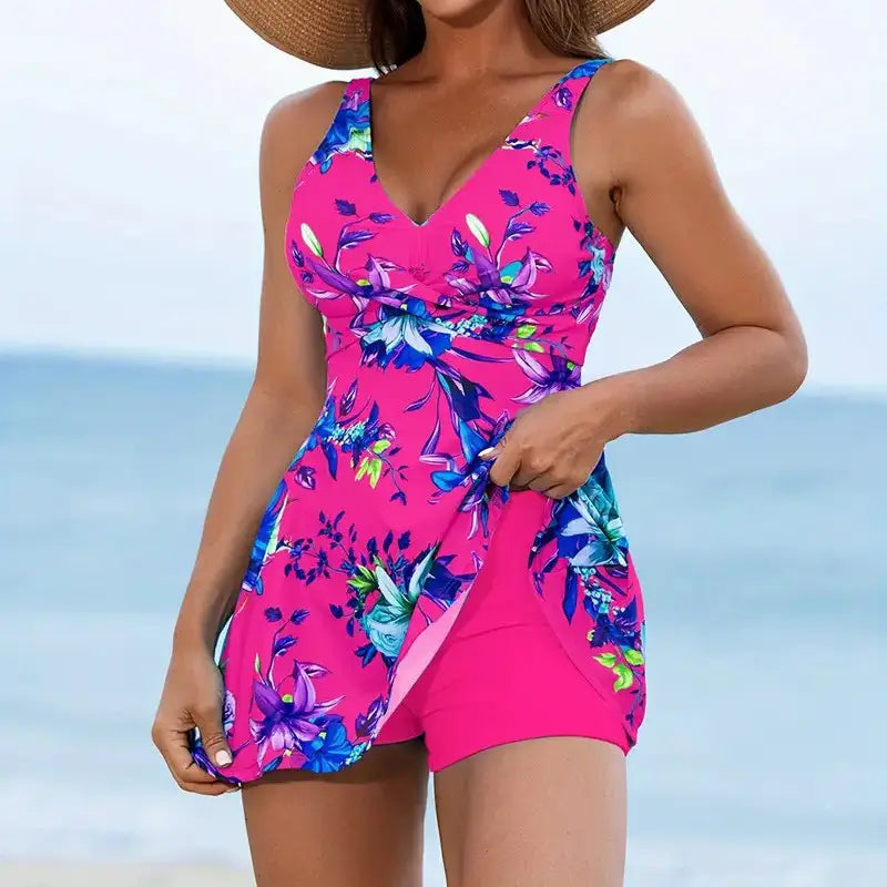 Slim Looking Belly Covering Sexy Print Two-piece Skirt Swimwear - Rose Red / S