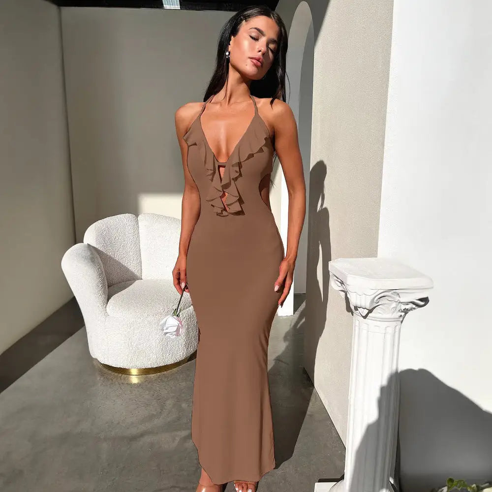 SlimHue Halter: Sexy Dress - Brown / S
