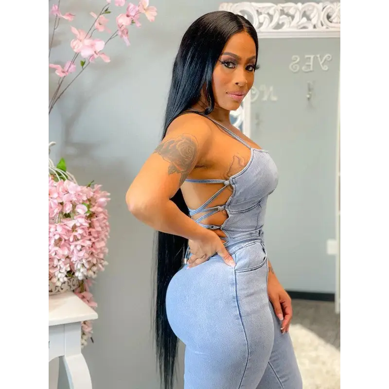 Slinky Denim Suspenders Jumpsuit