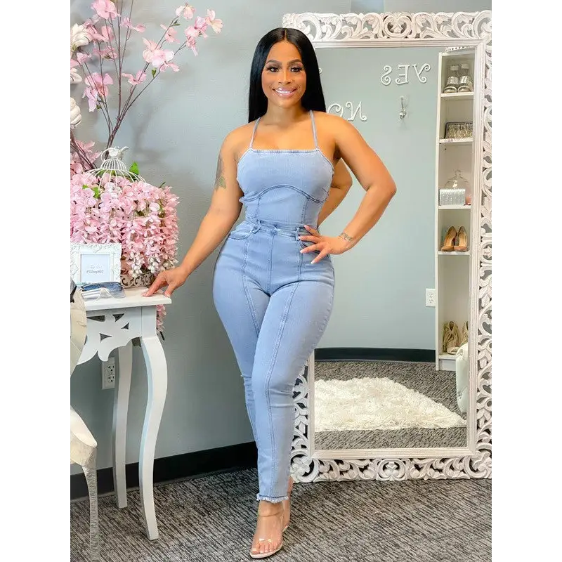 Slinky Denim Suspenders Jumpsuit - Blue / S