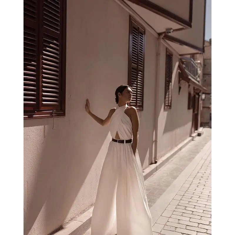 Slinky Halter Backless Jumpsuit - XL / White