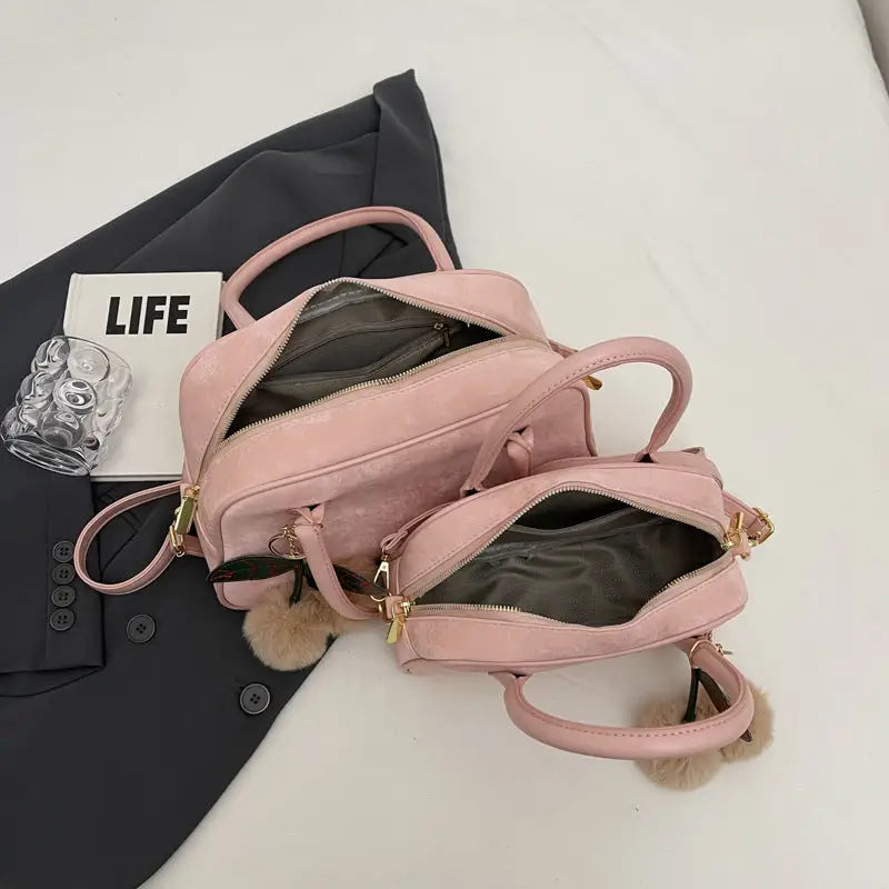 Small PU Handbag with Three-Dimensional Pocket and Inner Zipper Pouch