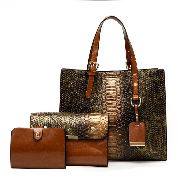 Snake Pattern Medium Suitcase with Striped Polyester Lining - Dark Brown