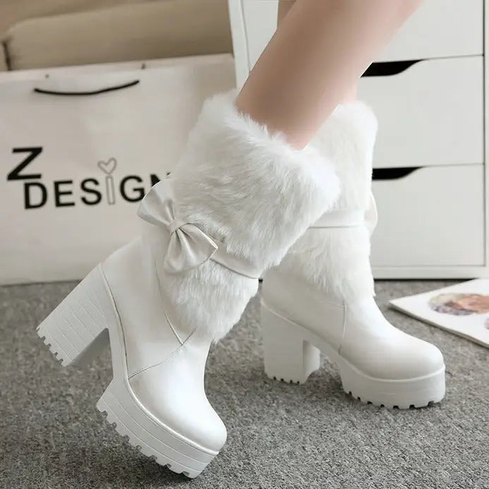 SnowSweet Bow: Women’s Cozy Thick Heel Boots