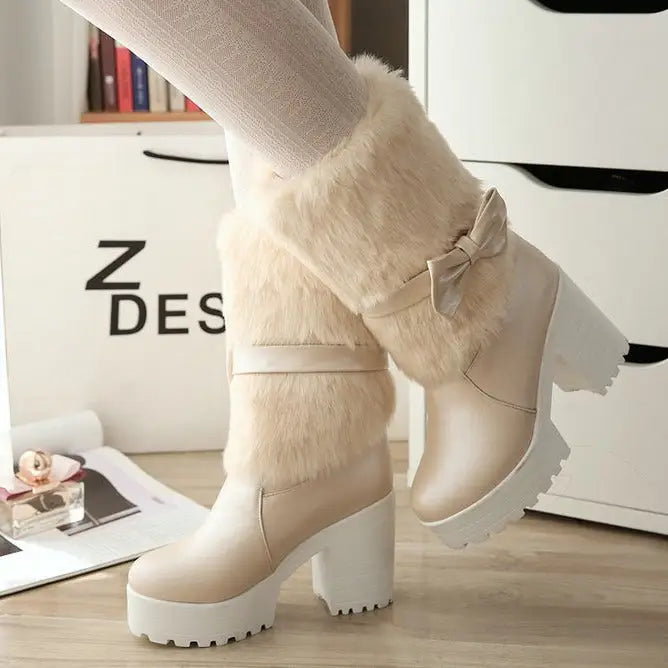 SnowSweet Bow: Women’s Cozy Thick Heel Boots