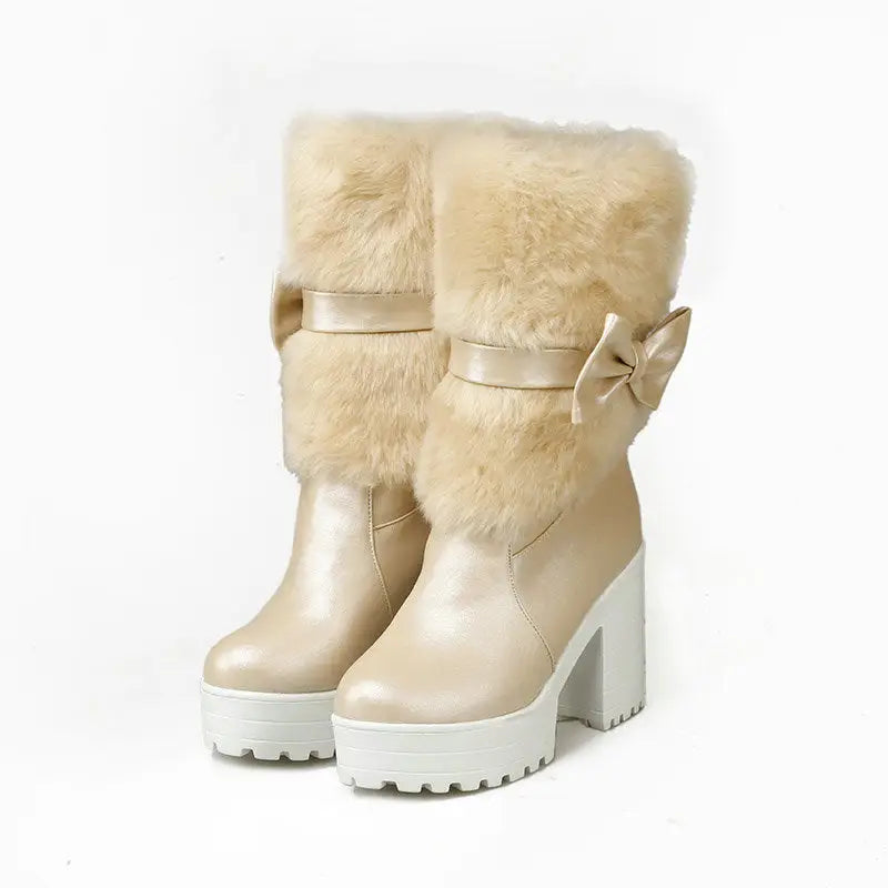 SnowSweet Bow: Women’s Cozy Thick Heel Boots - Beige / 34