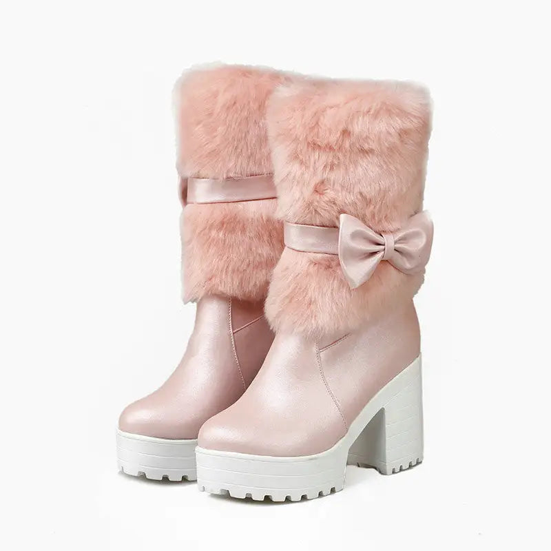 SnowSweet Bow: Women’s Cozy Thick Heel Boots - Pink / 34