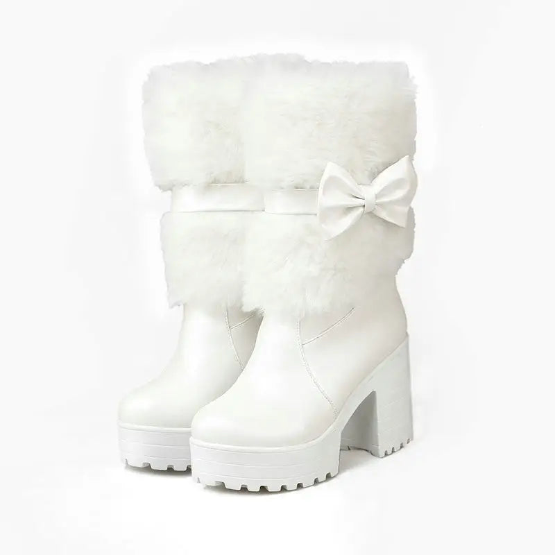 SnowSweet Bow: Women’s Cozy Thick Heel Boots - White / 34