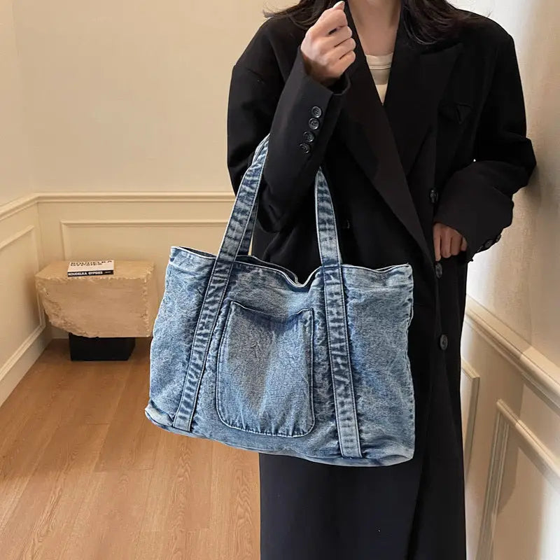 Soft Denim Square Suitcase with Multiple Internal Pockets