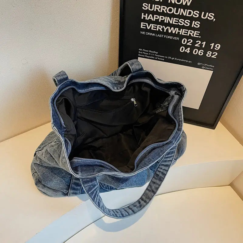 Soft Denim Square Suitcase with Multiple Internal Pockets