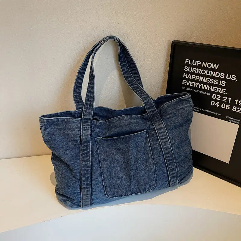 Soft Denim Square Suitcase with Multiple Internal Pockets - Blue