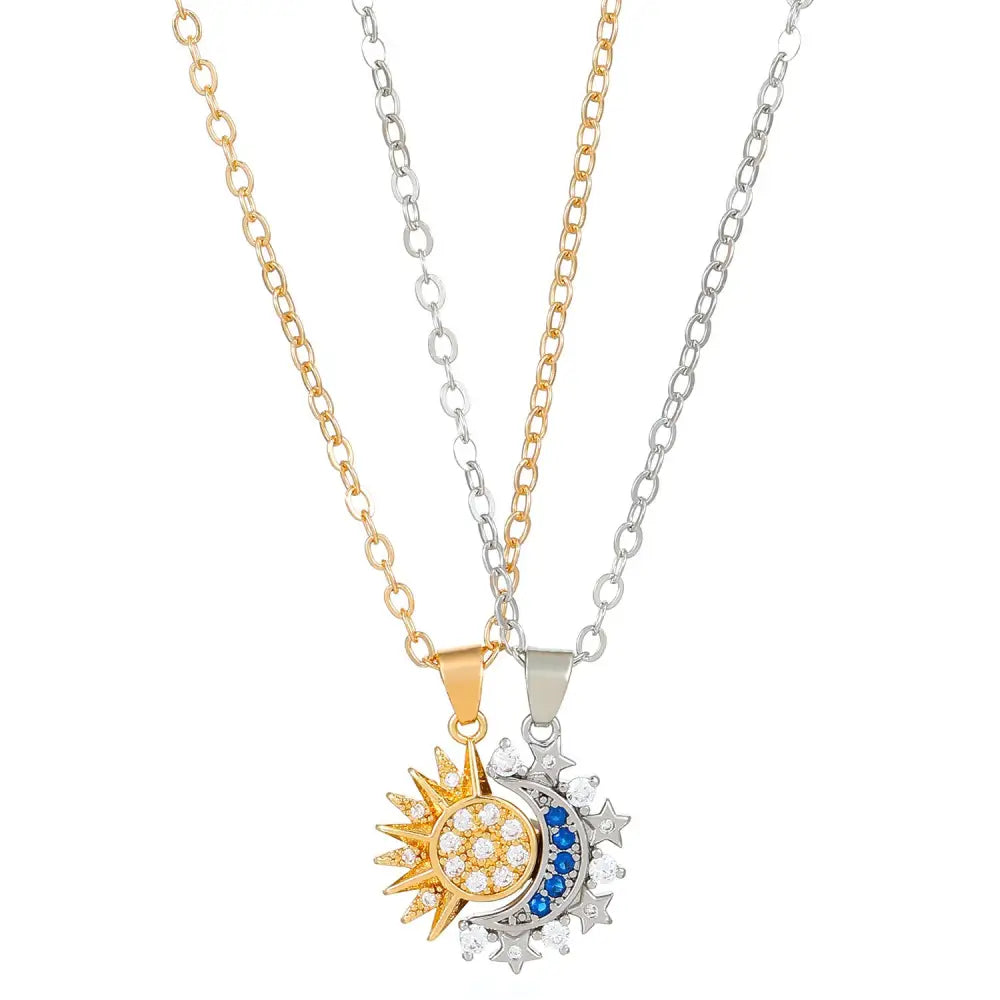 SoulSync: Sun & Moon Magnetic Couple Necklaces - Copper 03kc Gold White K11678