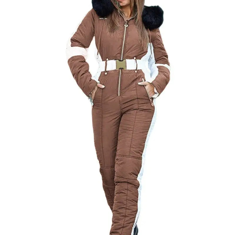 Brown and white snowsuit with fur hood.