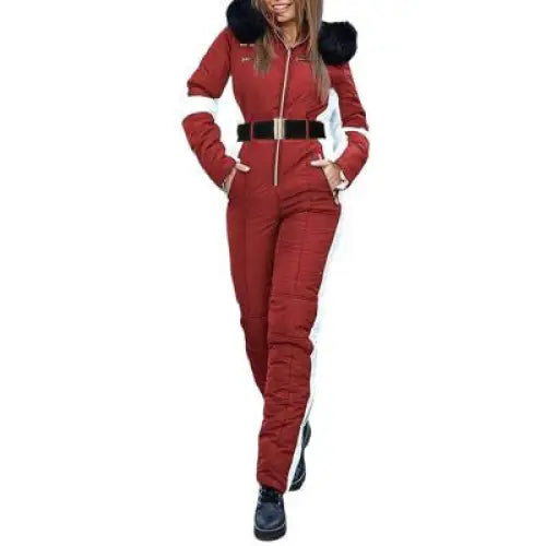 Burgundy ski suit with black fur trim.
