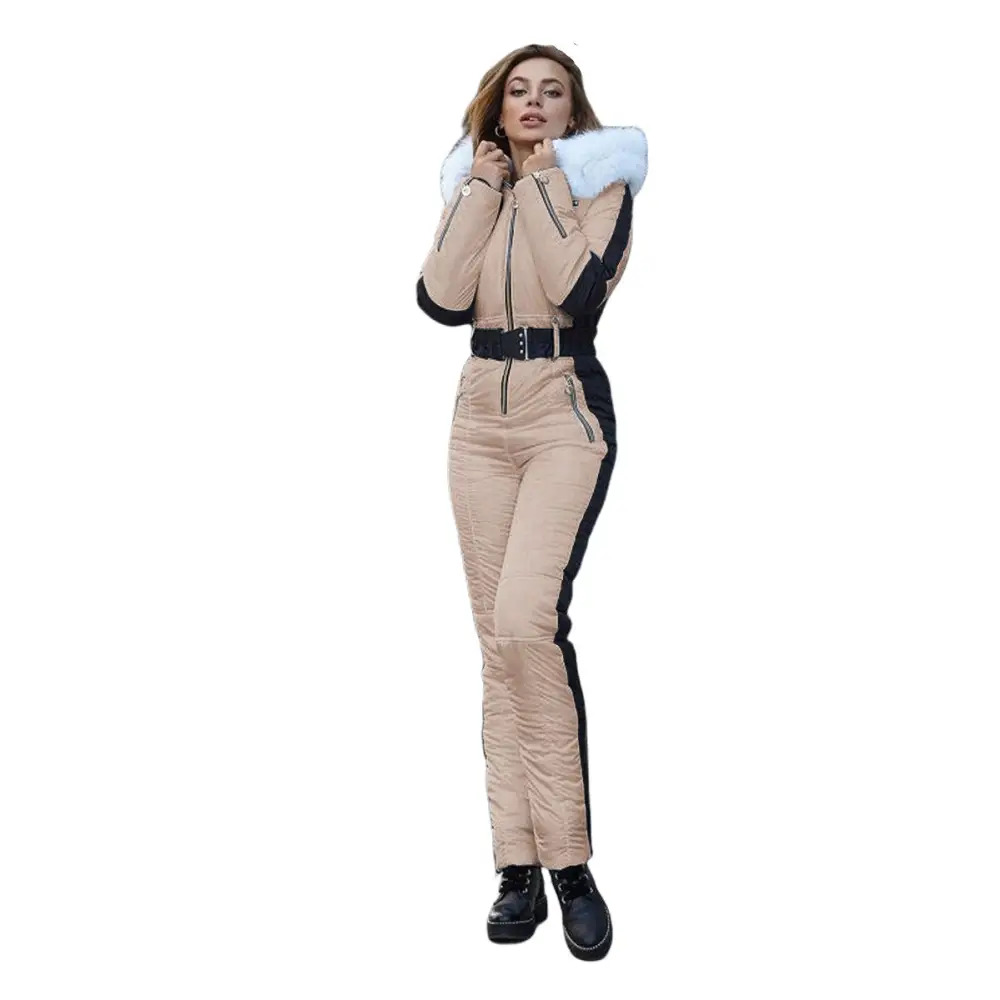 Beige and black ski suit with fur hood.
