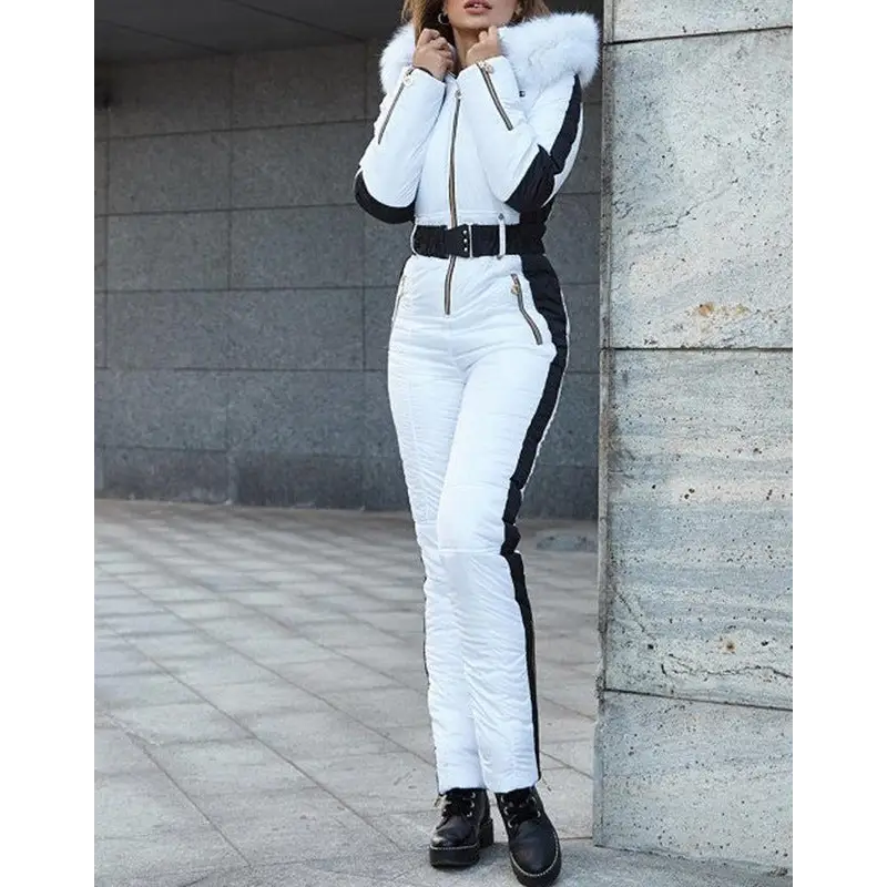 White and black ski suit with fur hood.