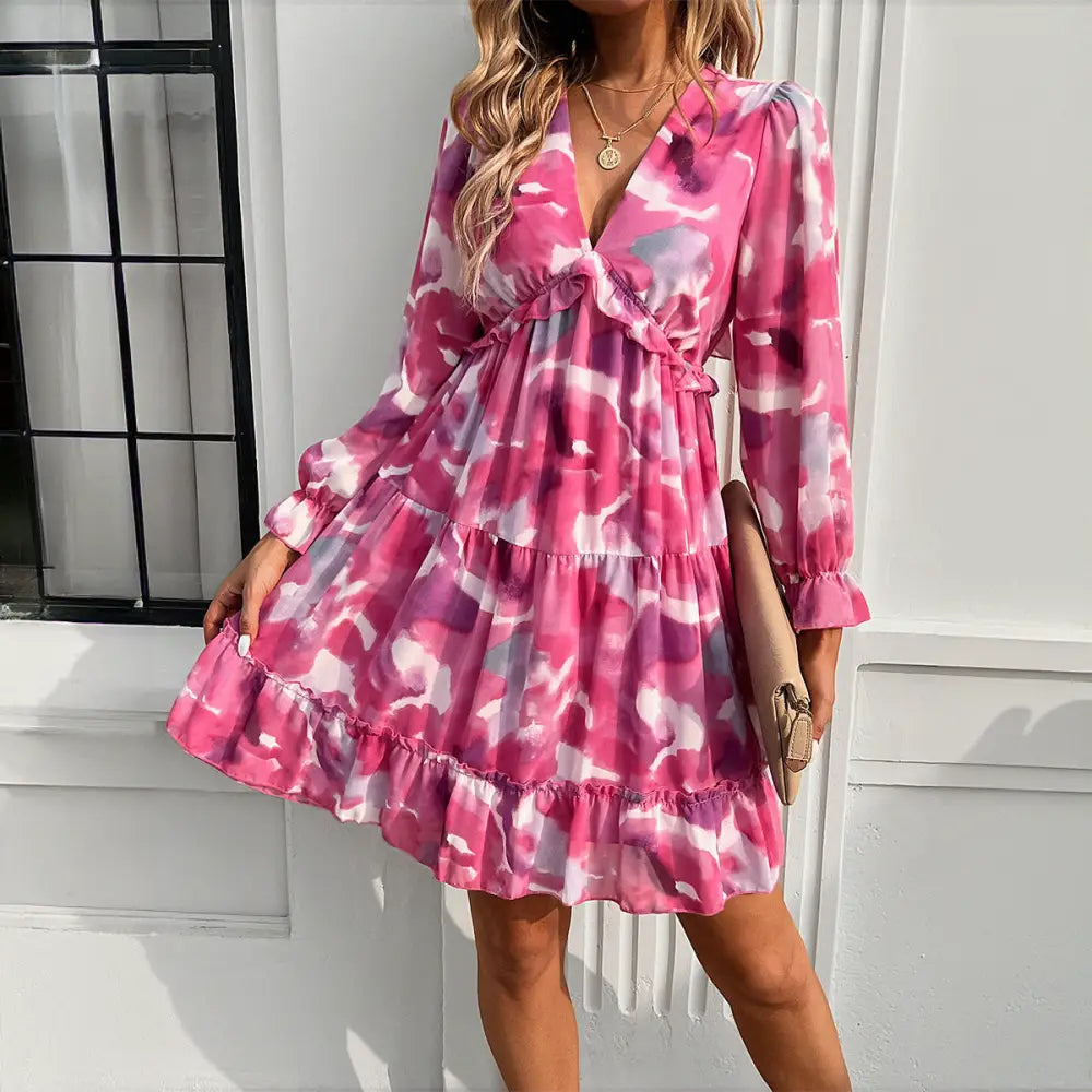 Spring And Summer Vacation Style Printed V-neck Long-sleeve Dress - Rose Red / S