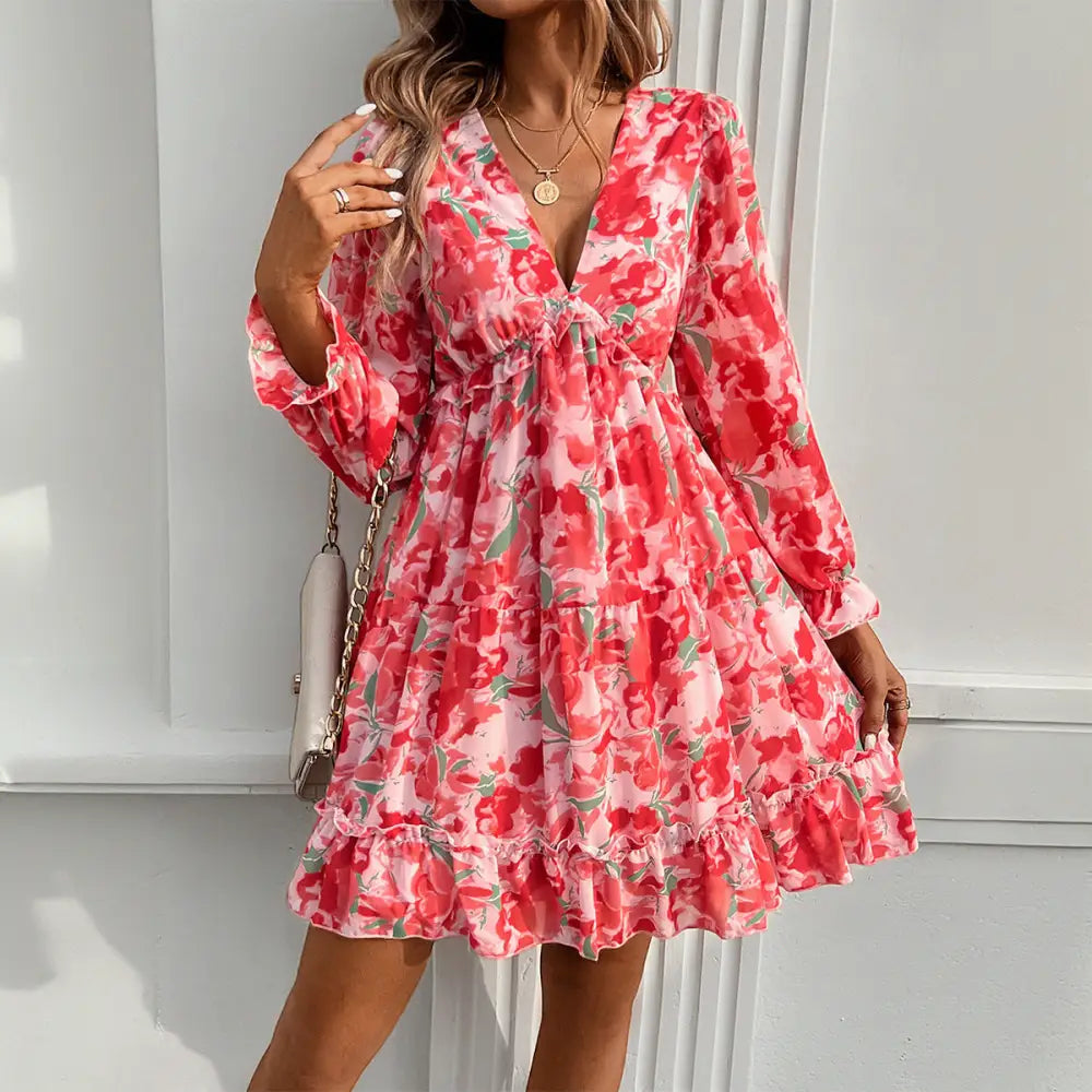 Spring And Summer Vacation Style Printed V-neck Long-sleeve Dress - Red / S