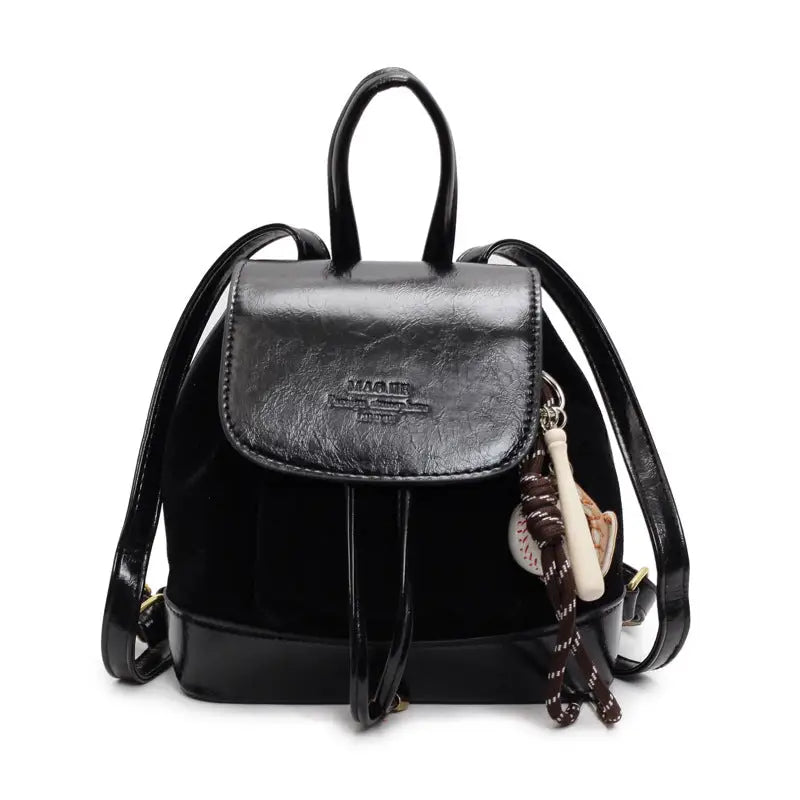 Square Soft PU Handbag with Pendant and Sandwich Pocket - Pendant Black
