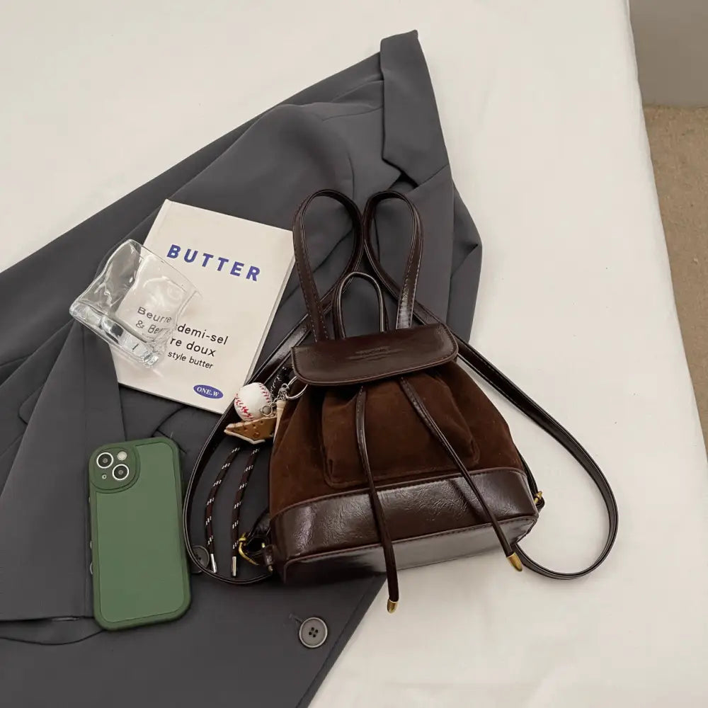 Square Soft PU Handbag with Pendant and Sandwich Pocket - Brown