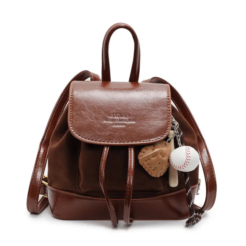 Square Soft PU Handbag with Pendant and Sandwich Pocket - Pendant Brown