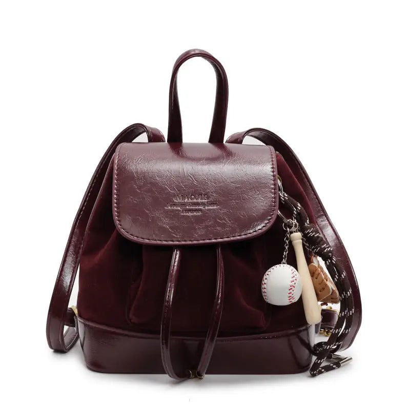 Square Soft PU Handbag with Pendant and Sandwich Pocket - Wine Red Pendant
