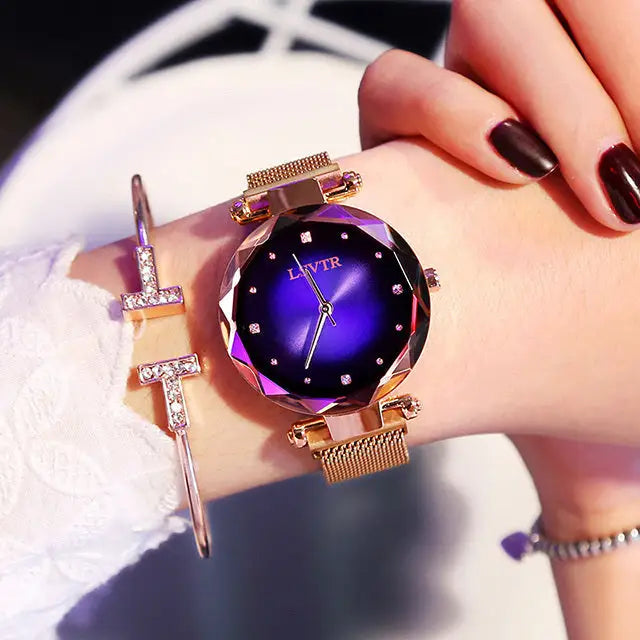 StarryRose: Elegant Diamond Magnet Watch - Blue