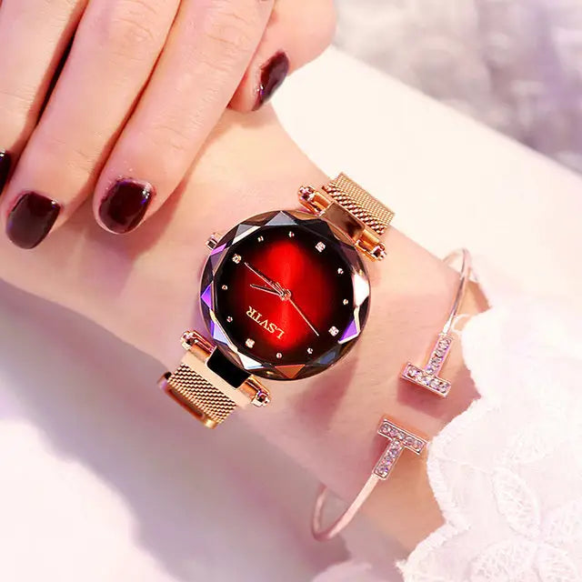 StarryRose: Elegant Diamond Magnet Watch - Red