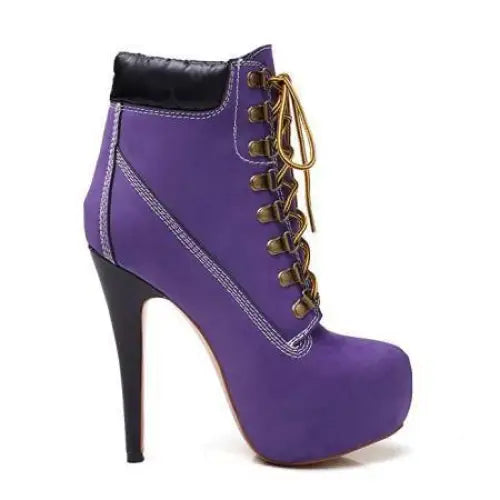 StealthGlam Lace-Up Stiletto Boots - Purple / 34